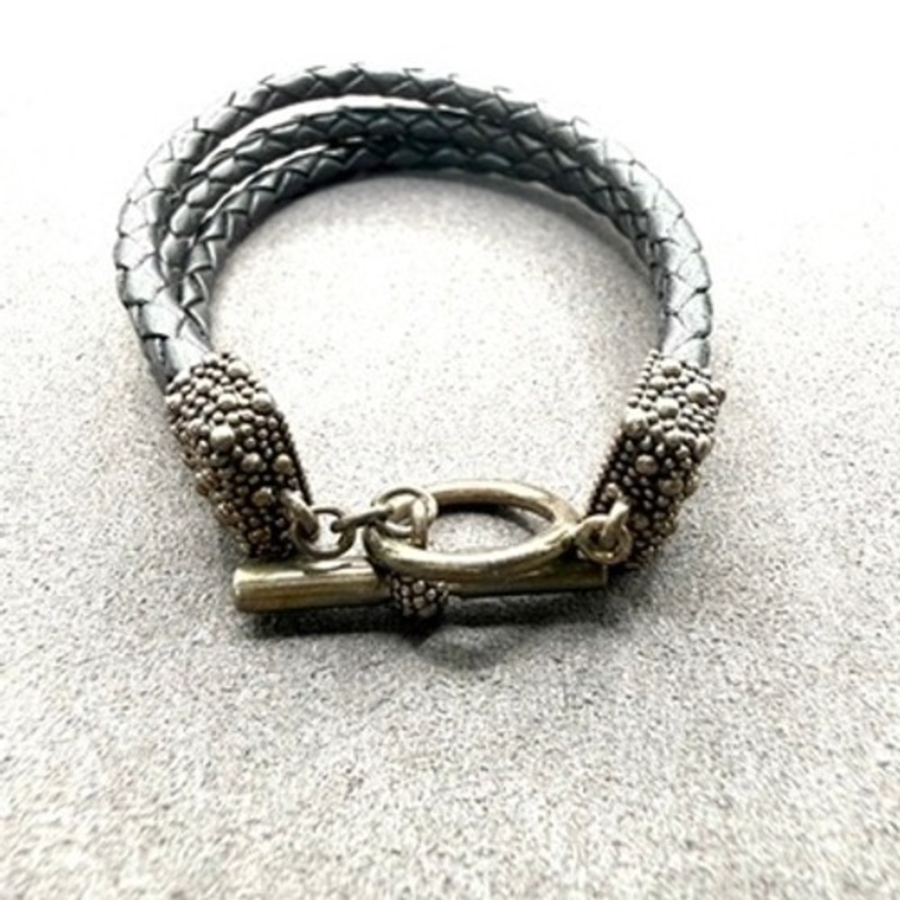 Michael Dawkins Bracelet Sterling Silver Woven Leather Toggle Statement